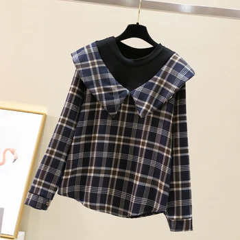 весенняя блузка с кукольным воротником 2023, поддельная блузка из двух частей, корейская рубашка в клетку в стиле ретро, женские дизайнерские винтажные блузки