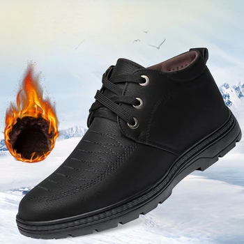 Мужские Зимние ботинки С плюшевой подкладкой, сохраняющие тепло, Зимние Ботильоны, Кожаные модельные туфли, Мужская Повседневная деловая обувь на шнуровке для улицы