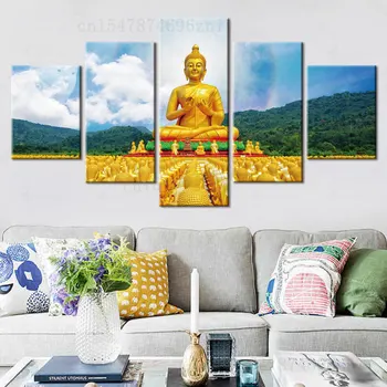 5 Панельных Декоративных Картин Золотого Будды Творческая Комбинация Подвесных Религиозных Плакатов Фон Гостиной Настенная Роспись HD